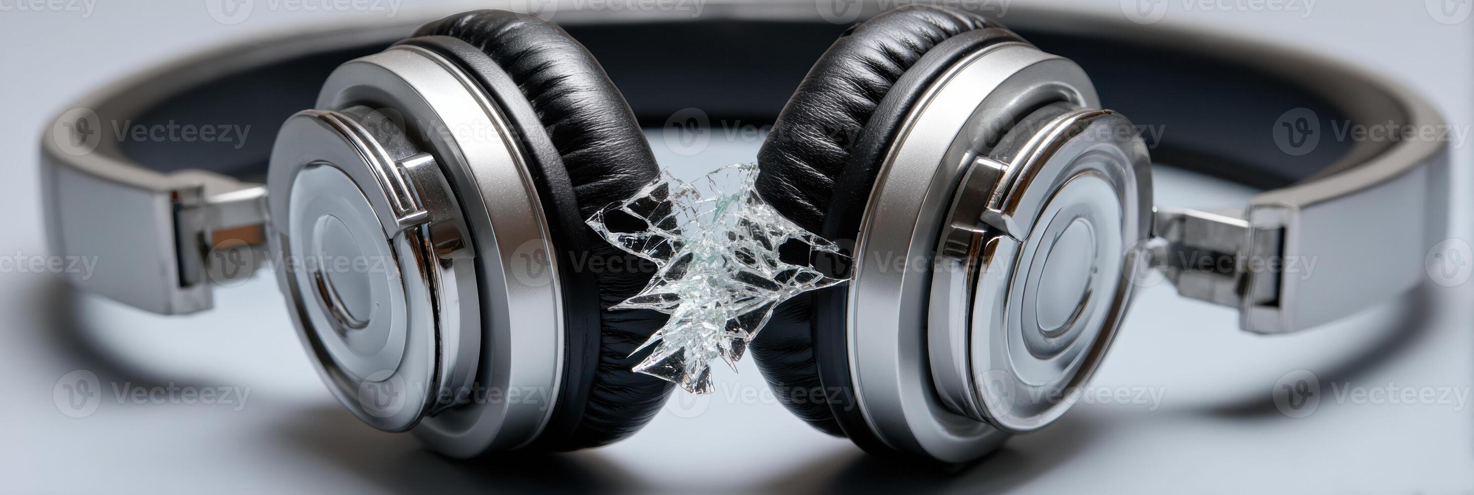 Symbol of Information Overload Represented by Broken Headset With Clear Space to Emphasize Disconnection and Chaos in Modern Life photo