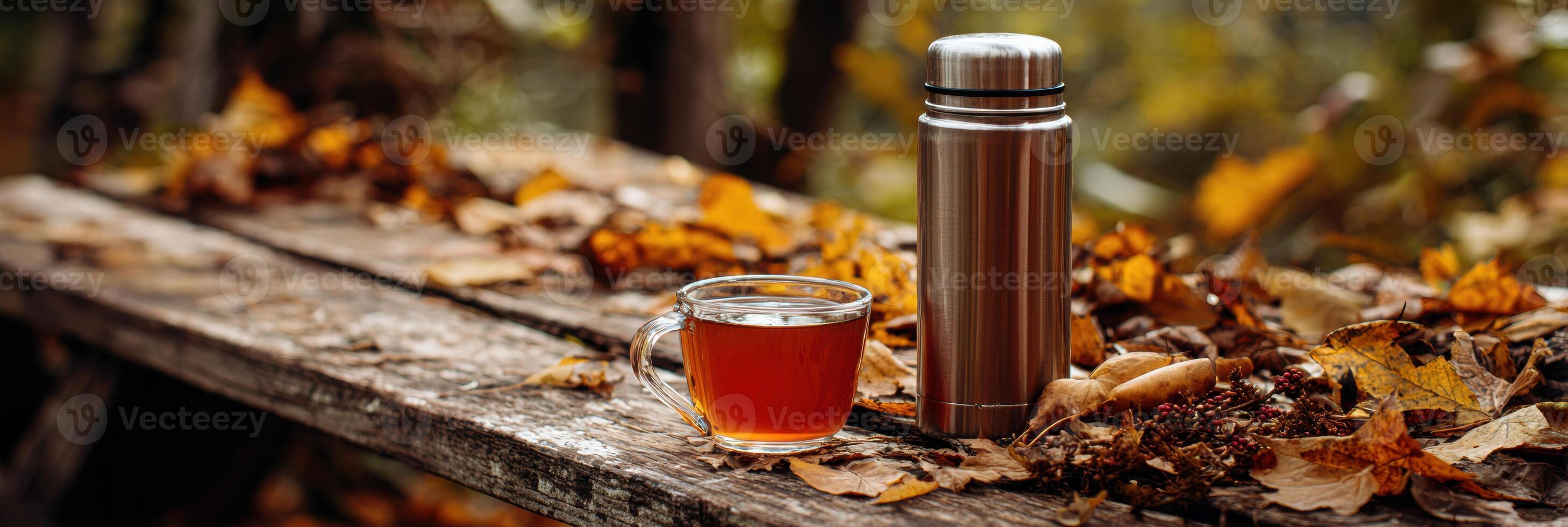Enjoying Herbal Tea With Honey on a Forest Bench Surrounded by Autumn Leaves on a Crisp Day photo
