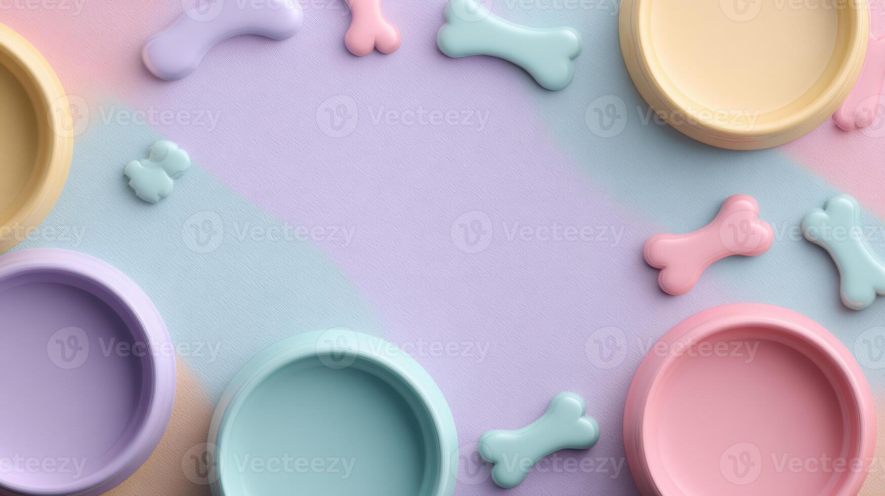 Mockup Banner Design Featuring Pastel Bowls and Bone Shapes in Playful Arrangement for Pet Brand Showcasing Vibrant Colors photo