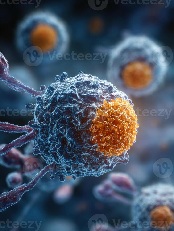 Immunity Response Illustrated Through Immune Cells Attacking a Virus Under a Microscope in a Clean Laboratory Environment photo