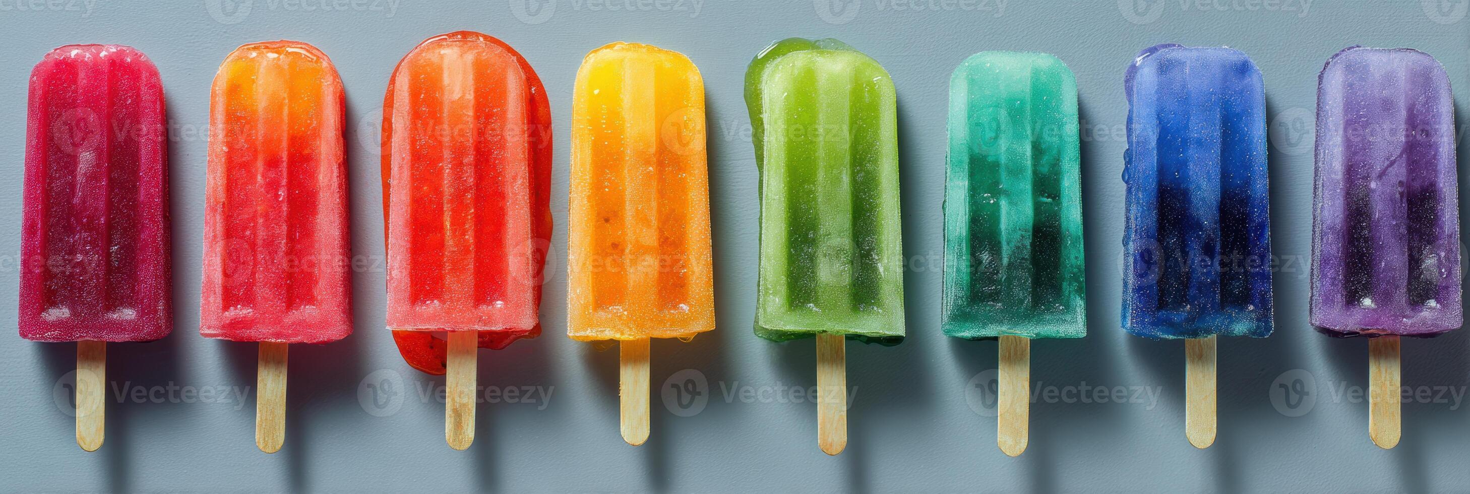 Melting Rainbow Fruit Popsicles Displayed in Studio Light Against a Plain Backdrop With Empty Upper Side photo