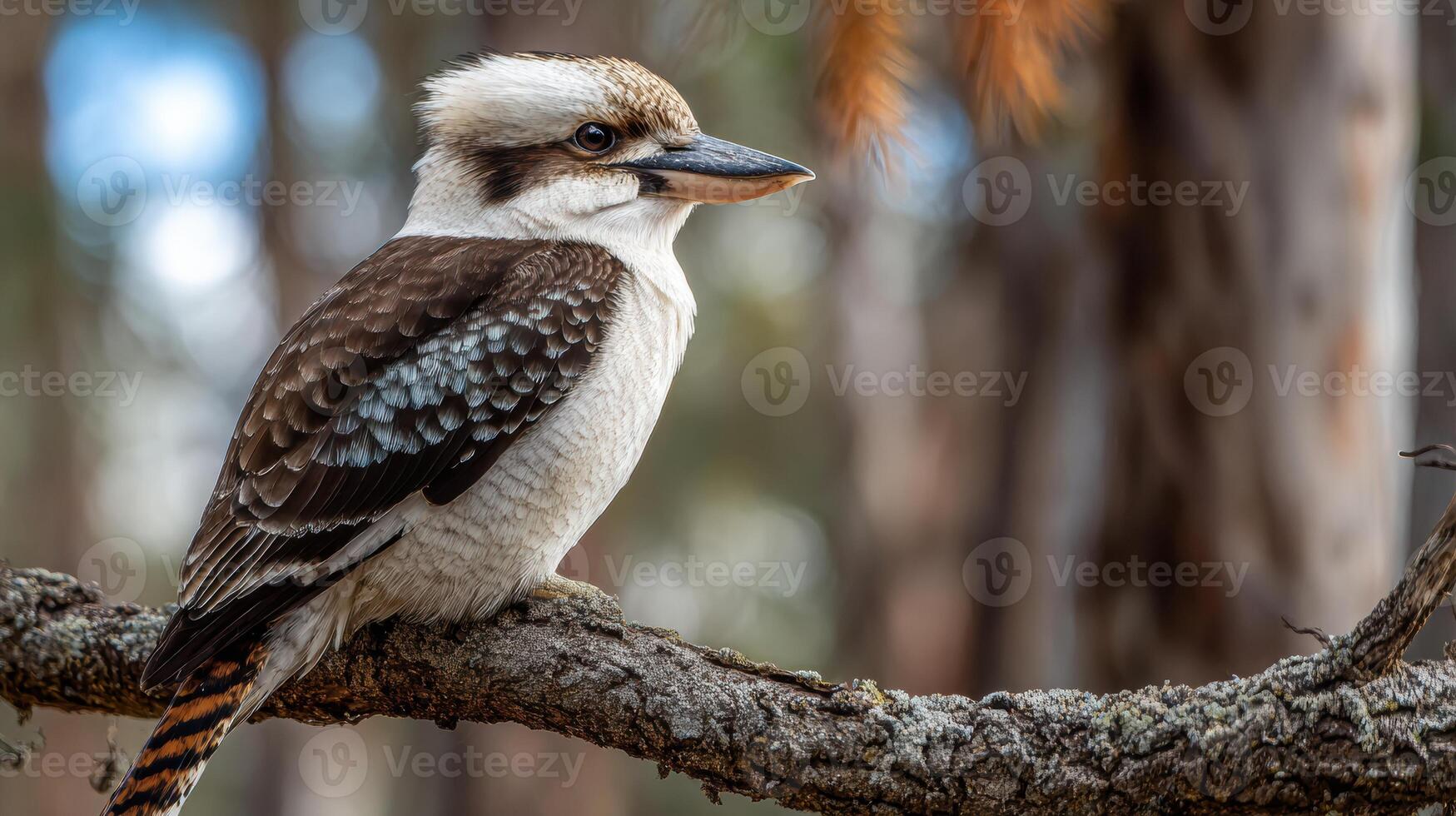 Kookaburra Resting on a Branch Amidst Blurry Distant Trees in Softly Lit Upper Space photo