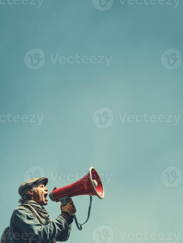 Protester Passionately Advocates for Freedom of Speech With a Megaphone Against a Clear Blue Sky in a Public Demonstration photo