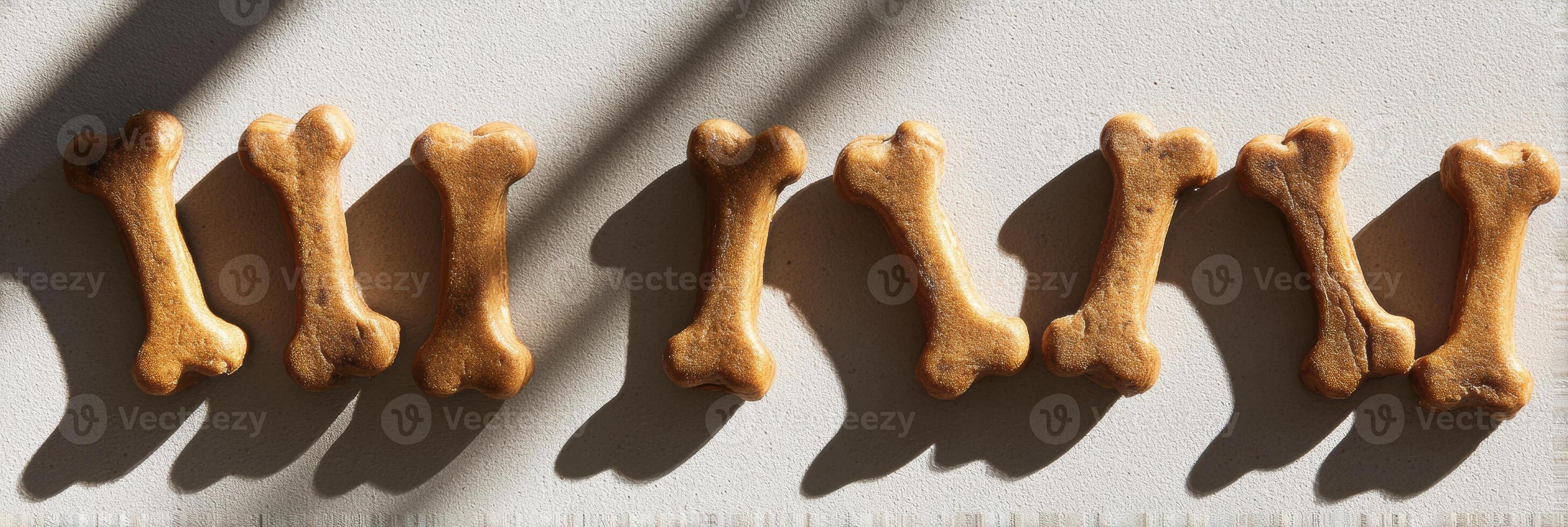 Dog Bone Treats Arranged in Natural Sunlight With Diagonal Shadows Creating an Interesting Visual Impact on a Clear Surface photo