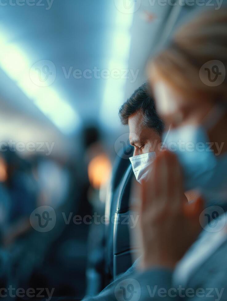 Passenger Coughing While Wearing a Mask on an Airplane During a Flight With Blurred Background photo