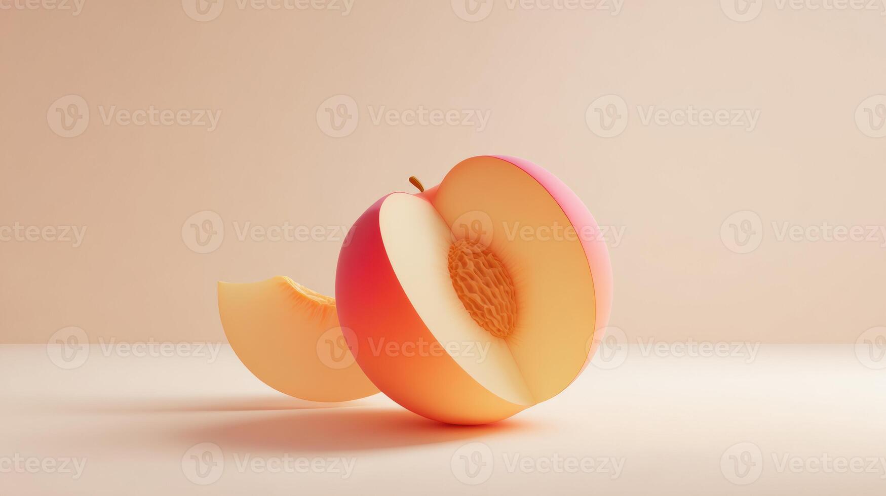 Bright Stylized Peach Split in a Minimal Space With a 3D Pit and Untouched Top Layout Showcasing Vibrant Colors and Smooth Textures photo