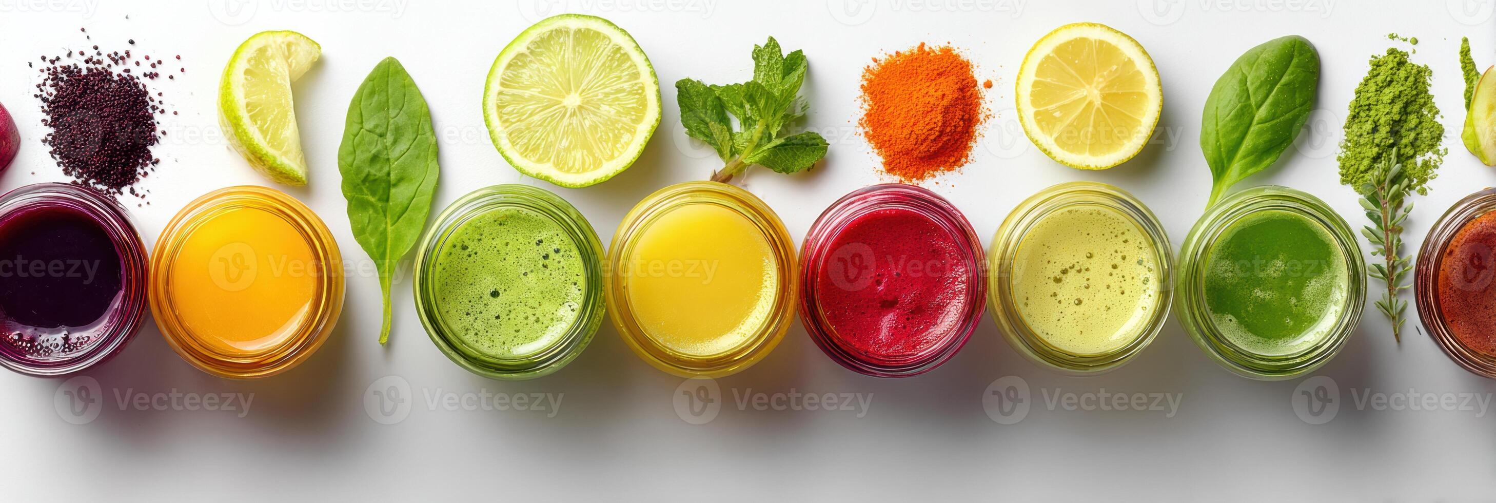 Organic Juice Ingredients Arranged With Vibrant Colors and Fresh Produce on Clear Surface During Daytime photo