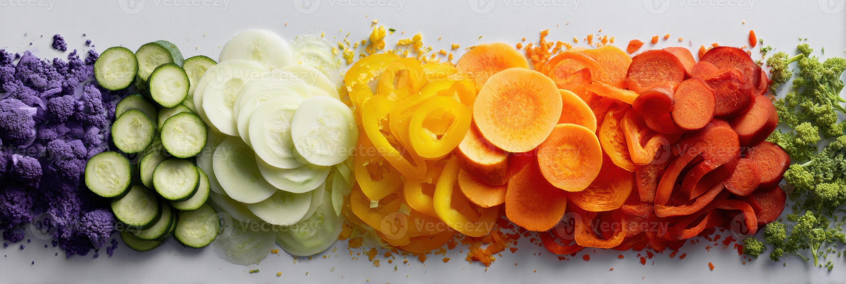 Colorful Display of Sliced Vegetables Arranged by Hue in a Modern Infographic-Style Layout, Showcasing Freshness and Variety photo