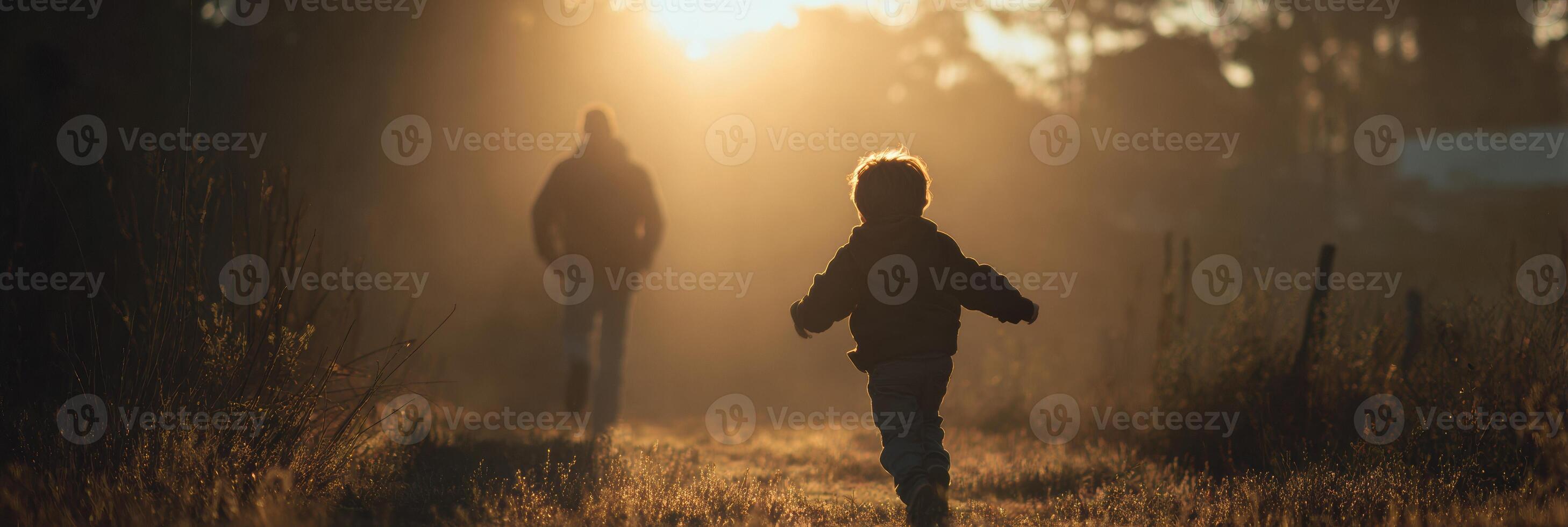 Happy Child Runs Joyfully Toward Father in Glowing Outdoor Light During Golden Hour in a Grassy Field photo