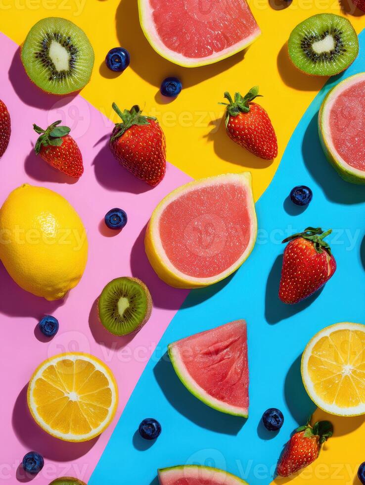 Collage of Vibrant Summer Fruits Arranged in a Pop Art Style for a Colorful Celebration of Seasonal Flavors photo