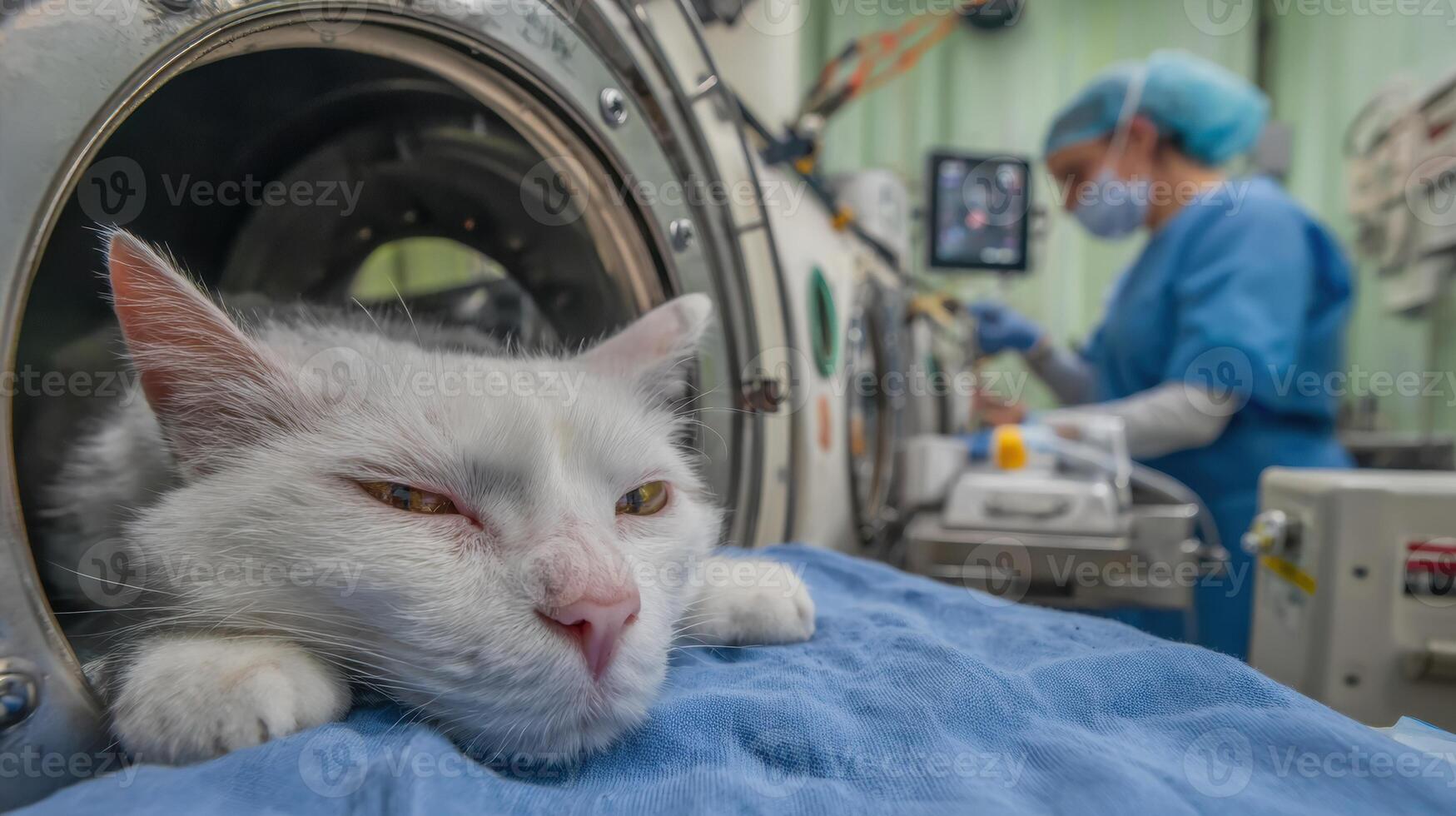 Cat Receiving Treatment in Oxygen Chamber With Veterinary Staff Monitoring at Animal Clinic photo