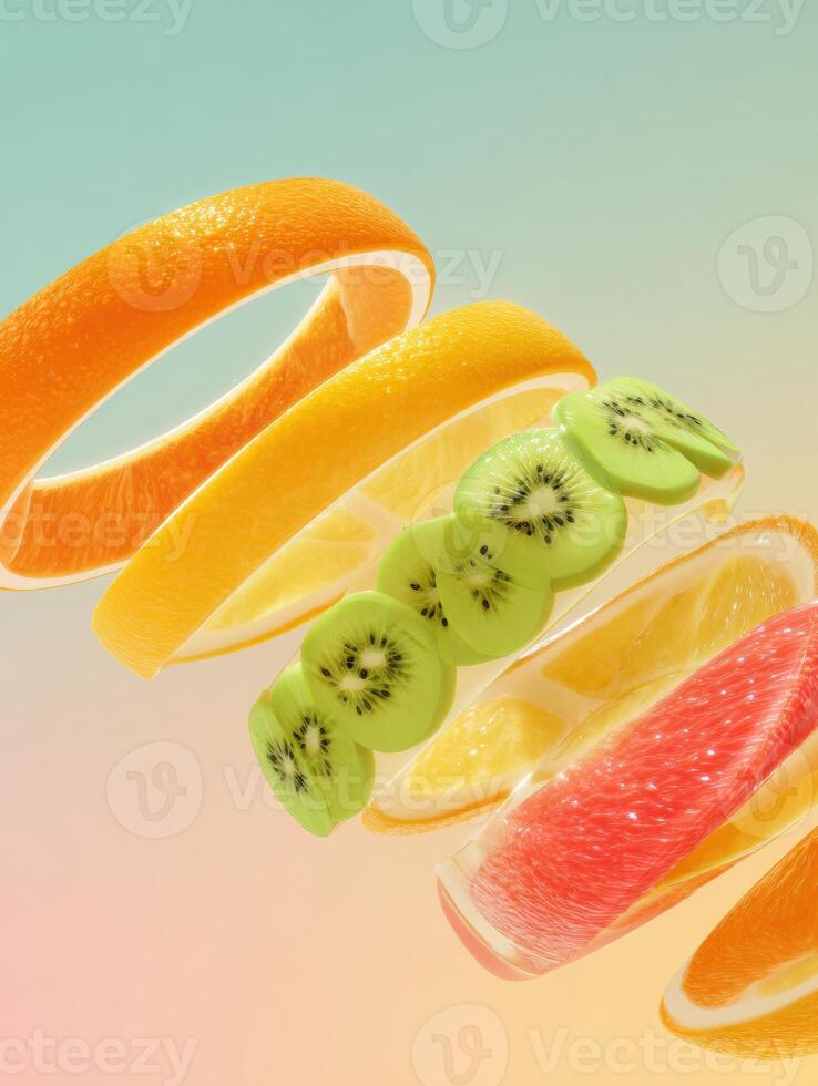 Colorful Abstract 3D Fruit Spirals With Gradient Shadows Create a Vibrant Visual Display on a Soft Pastel Background photo