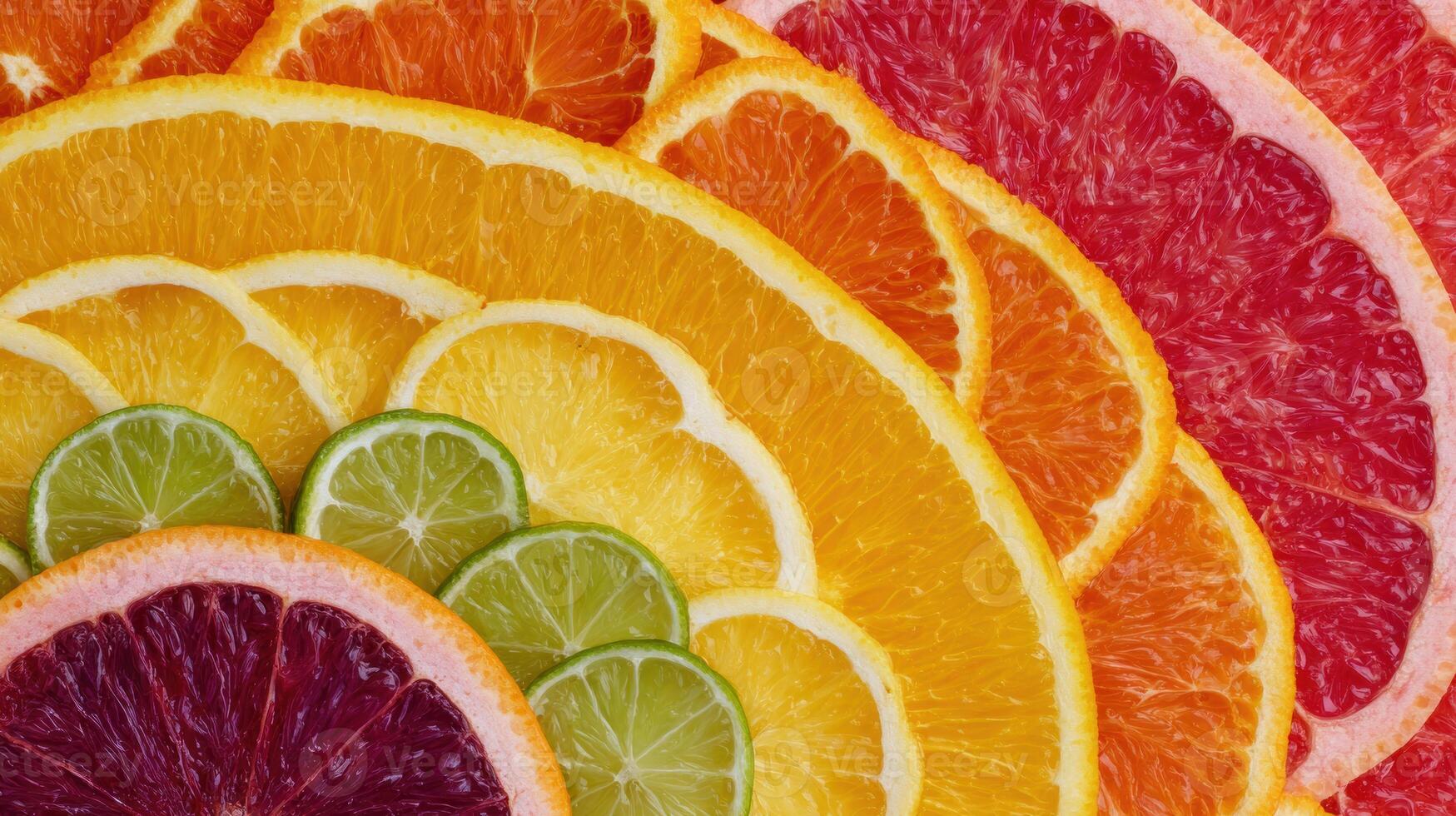 Colorful Cross-Section Arrangement of Citrus Fruits Displayed in Concentric Circles Showcasing Vibrant Colors and Fresh Textures photo