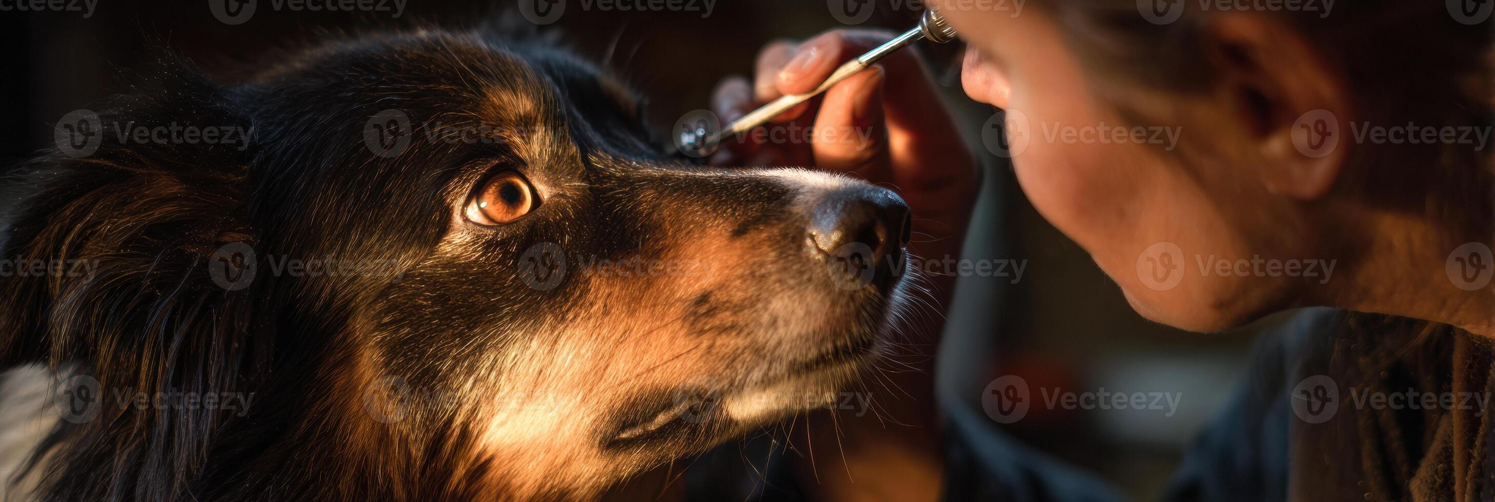 Vet Conducts Eye Examination on Dog Using Specialized Tool in Warm, Soft Lighting to Ensure Pet Health and Comfort photo