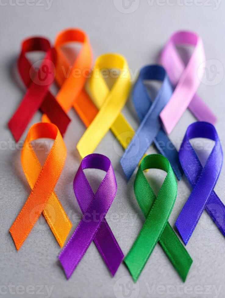 Colors of Awareness Ribbons Representing Various Male Health Issues Displayed Neatly Against a Gray Background photo
