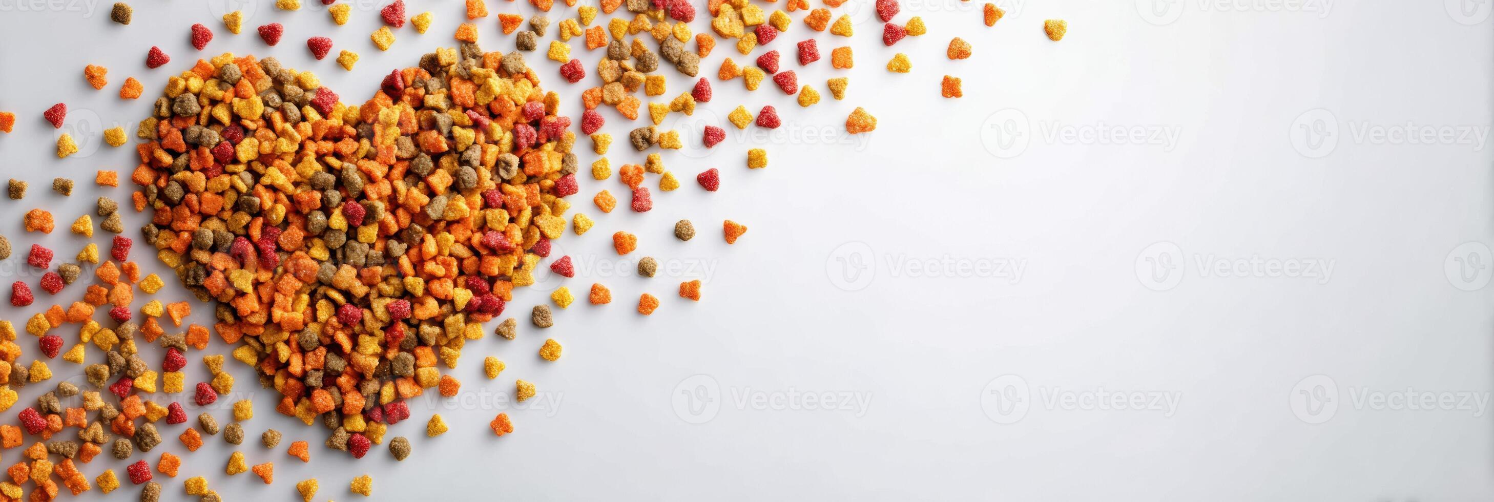 Pet Food Ad Concept With Scattering Treats Creating a Heart Shape on a Light Background, Emphasizing Love for Pets and Their Nutrition photo