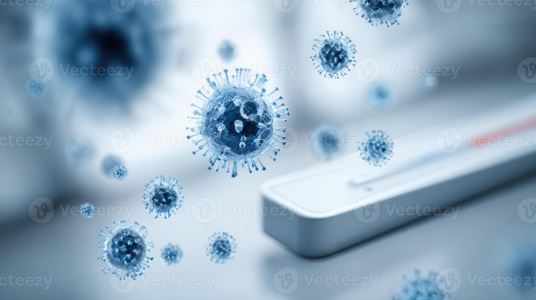 Floating Abstract Virus Icons Near a Blurred Thermometer and Tissue Box in a Healthcare Setting Conveying Illness Concerns and Prevention Measures photo