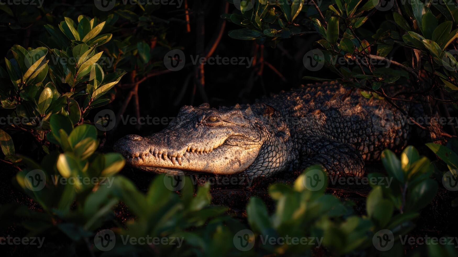 Salty Crocodile Resting in the Shadows of Mangroves During Ambient Light at Dusk photo
