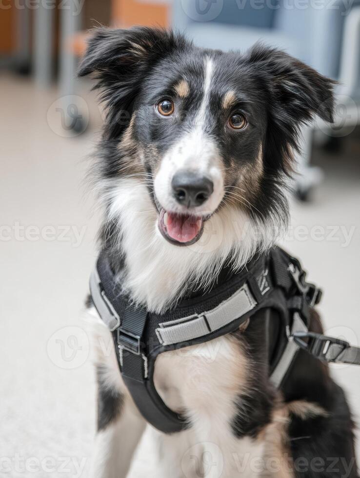 Dog Wearing Harness for Post-Surgery Mobility Training in a Minimalistic Indoor Environment photo