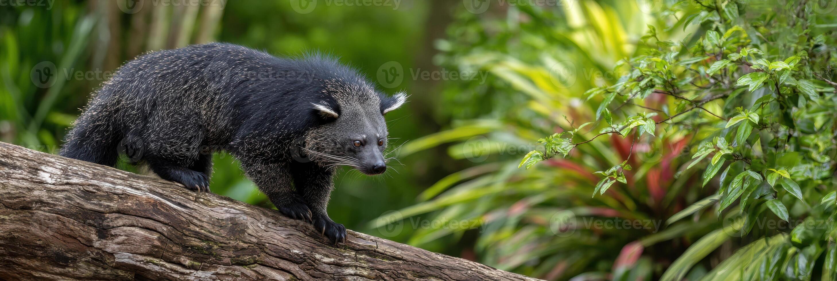 Binturong Exploring a Log Surrounded by Lush Greenery in Soft Light photo