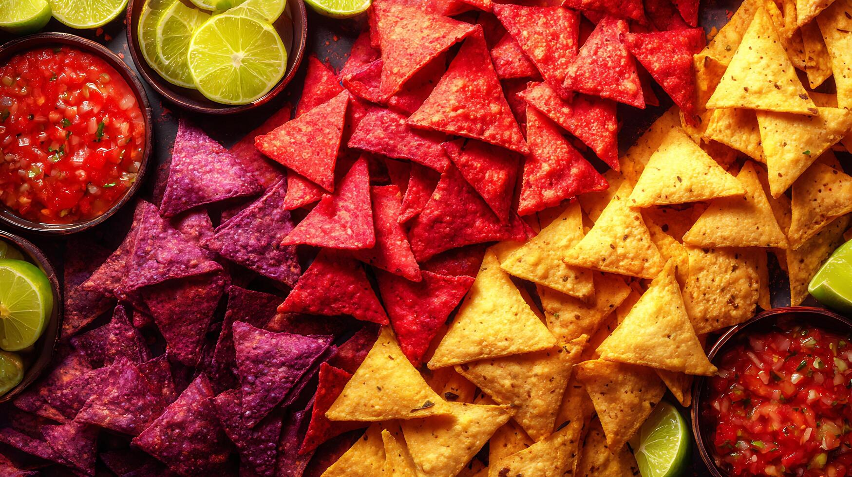 Colorful Tortilla Chips with Fresh Salsa and Lime Slices. photo