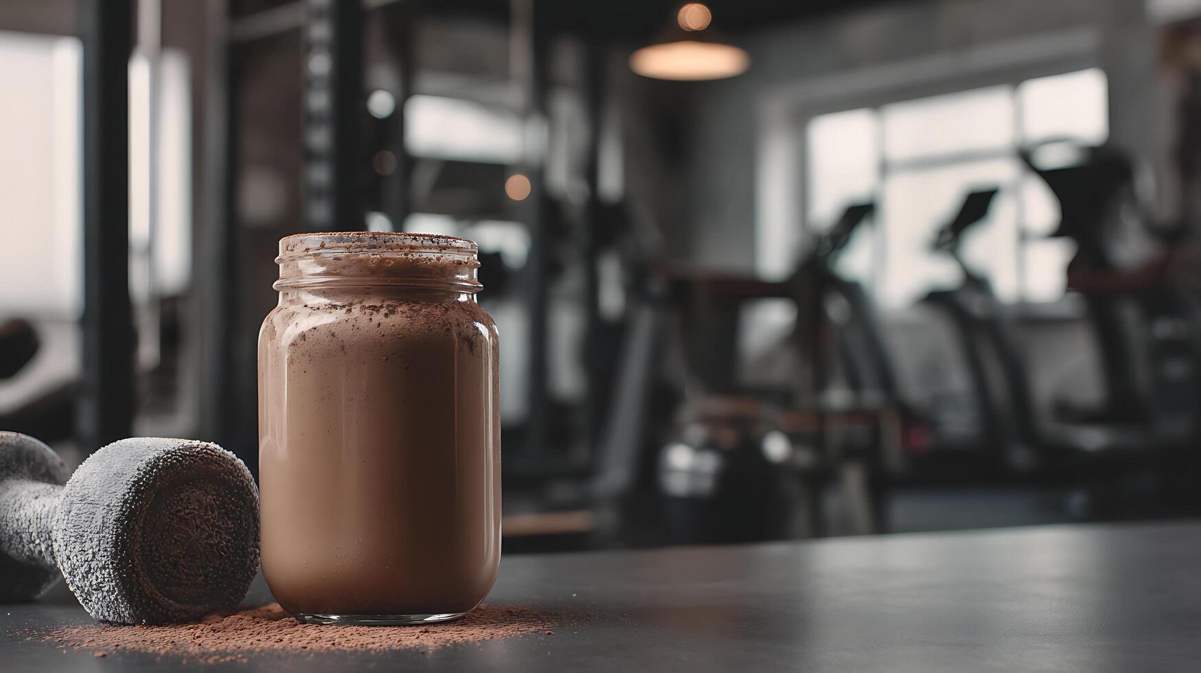 Chocolate shake and dumbbell in a gym for a post workout refreshment. photo