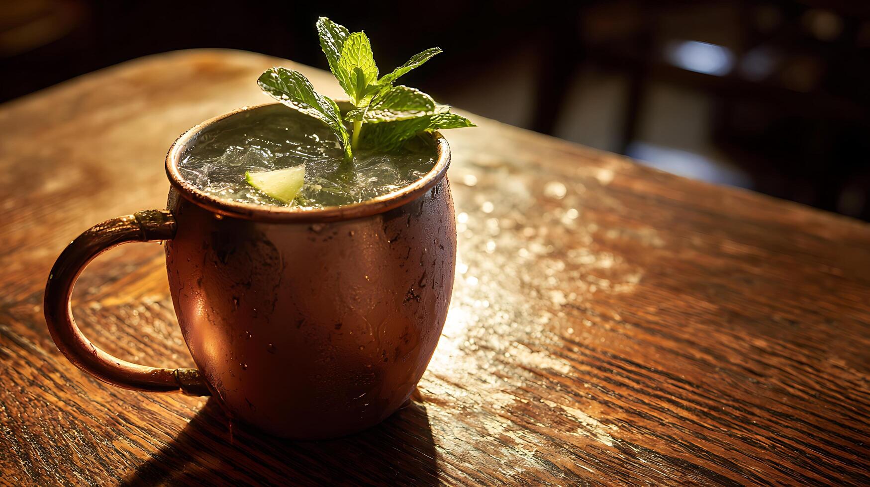 Refreshing Moscow Mule Cocktail in a Copper Mug on a Rustic Table. photo
