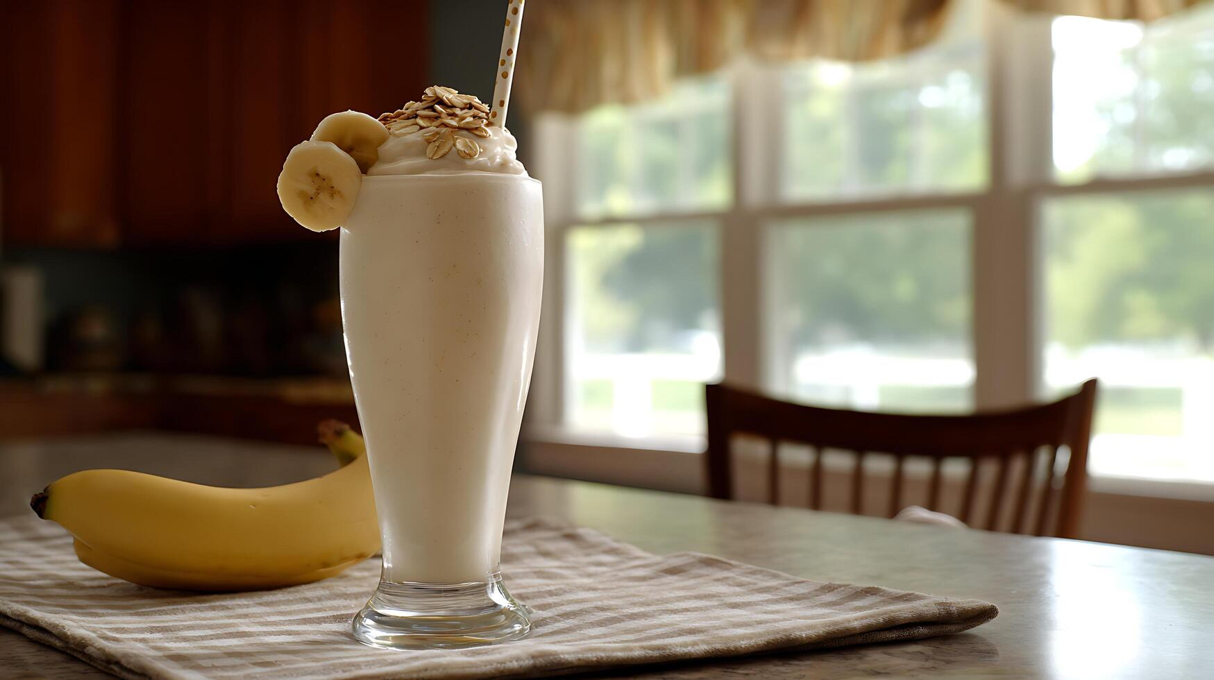 Refreshing Banana Oatmeal Smoothie with Creamy Topping and Fresh Banana Slices. photo