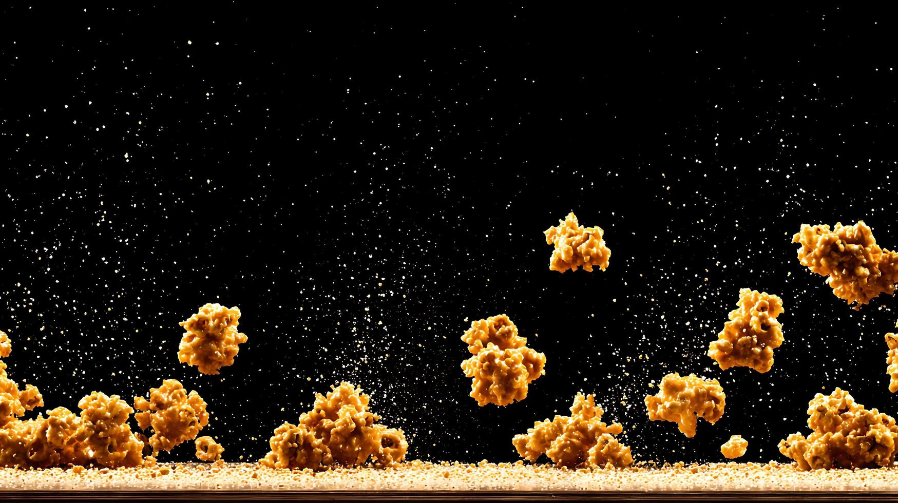 Caramel popcorn explosion with golden dust against a dark background. photo