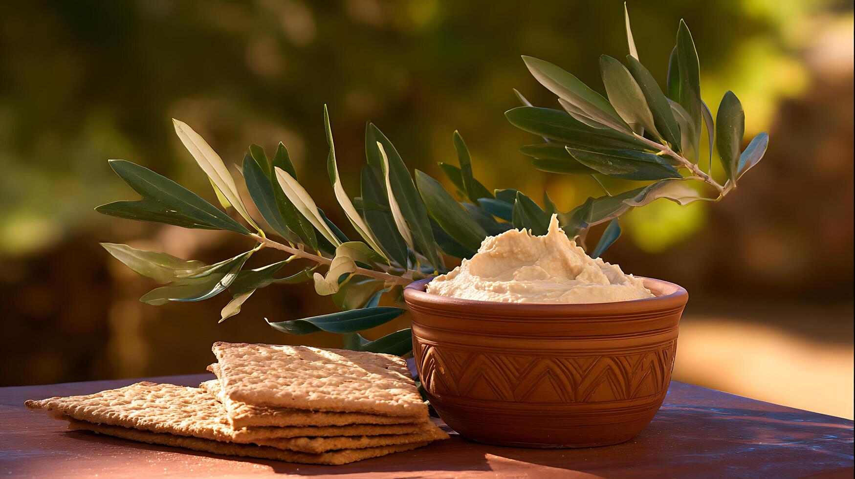Creamy Hummus with Crackers and Olive Branch in Natural Light. photo