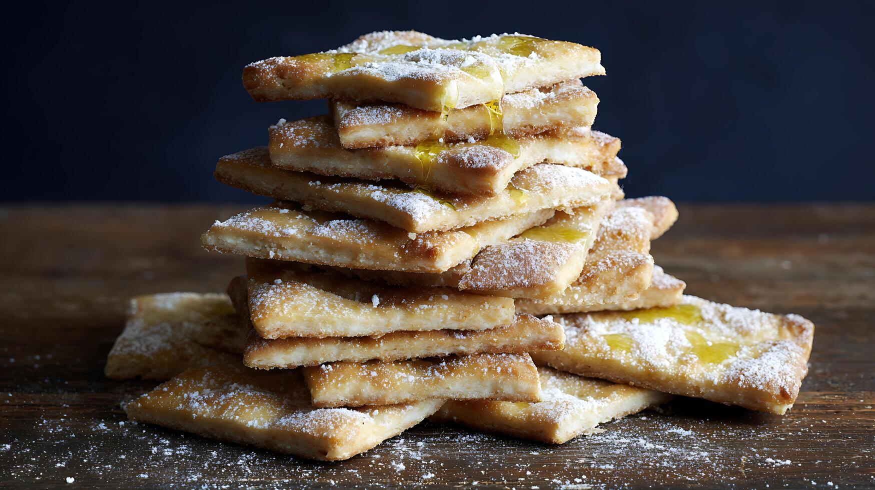 Golden Focaccia Slices Drizzled with Olive Oil and Dusted with Powdered Sugar. photo
