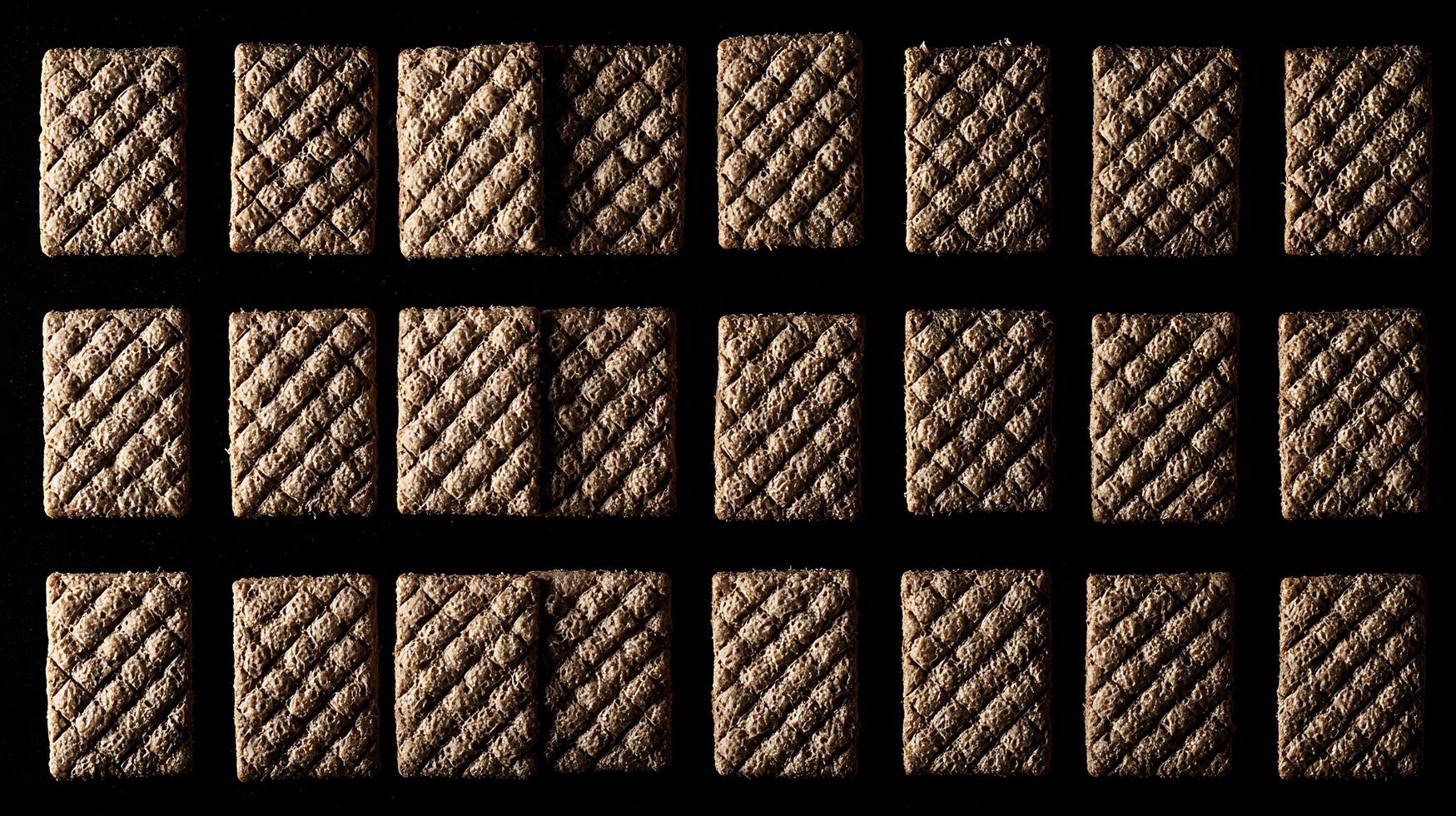 Close up view of delicious baked crackers arranged in rows on a dark surface. photo