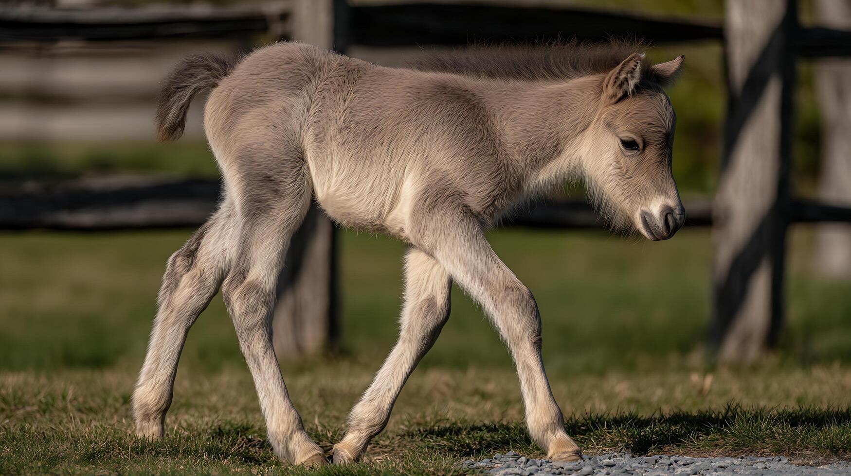 Adorable Foal Takes Its First Steps in Gentle Sunlight. photo