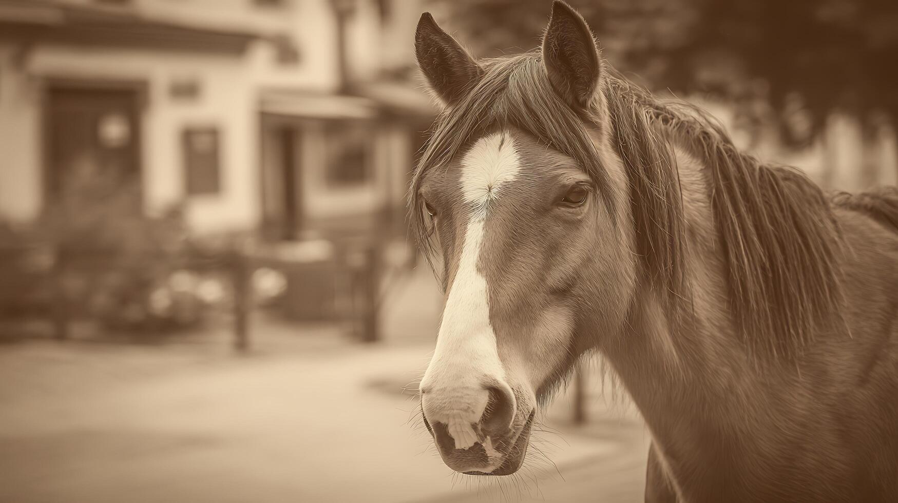 Gentle Portrait of a Horse in Sepia Tones with Blurred Background. photo