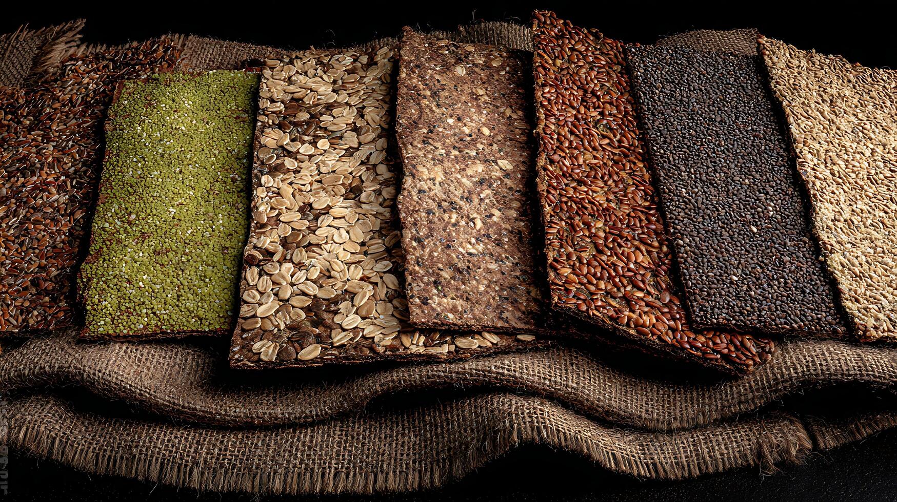 Delicious Healthy Crackers Assortment with Seeds and Grains on Burlap. photo