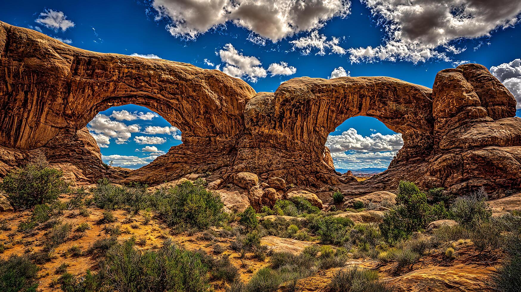 Twin Arches Frame a Majestic Desert Sky with Dramatic Clouds. photo