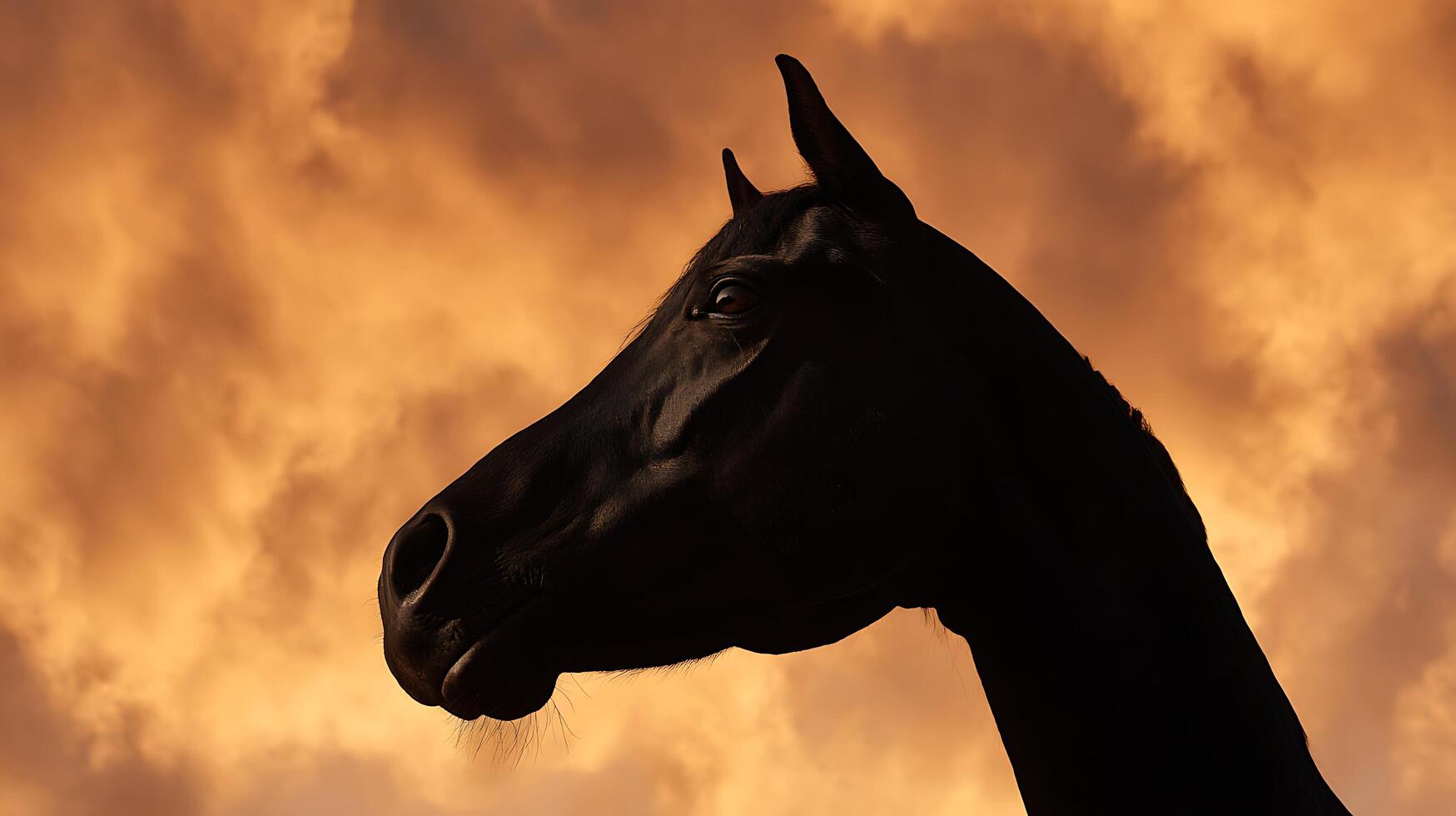 Majestic Black Horse Silhouette Against Fiery Sunset Sky. photo