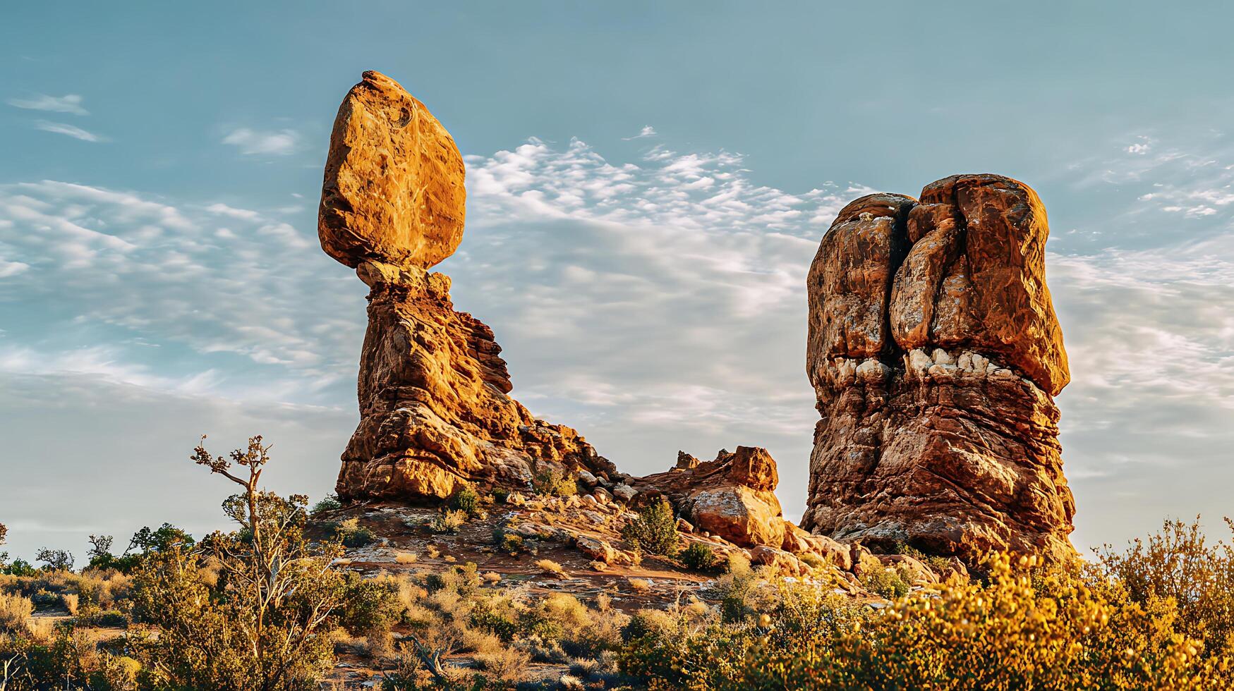 Iconic Balancing Rock Formation Against a Blue Sky. photo