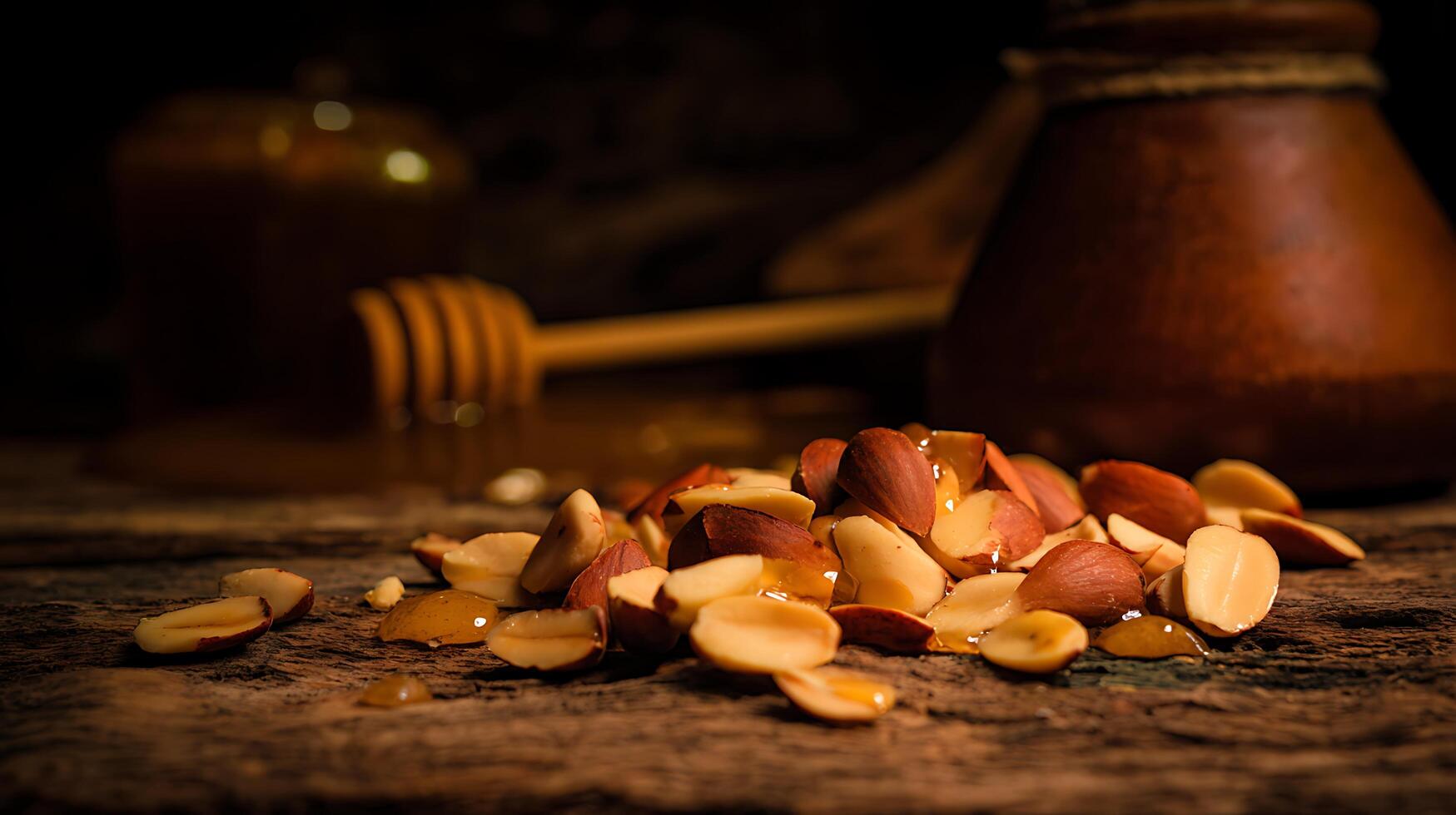 Delicious Nuts Drizzled with Golden Honey on Rustic Wood. photo