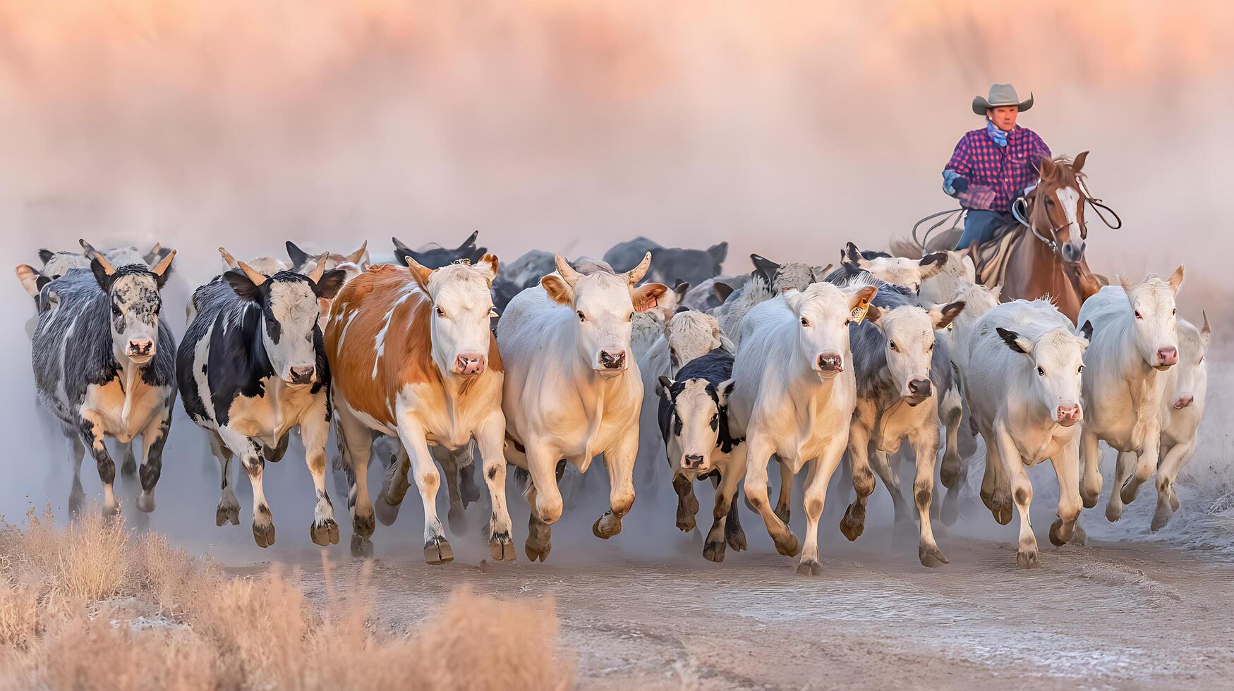 Cowboy Herds Cattle on a Dusty Ranch at Sunrise. photo