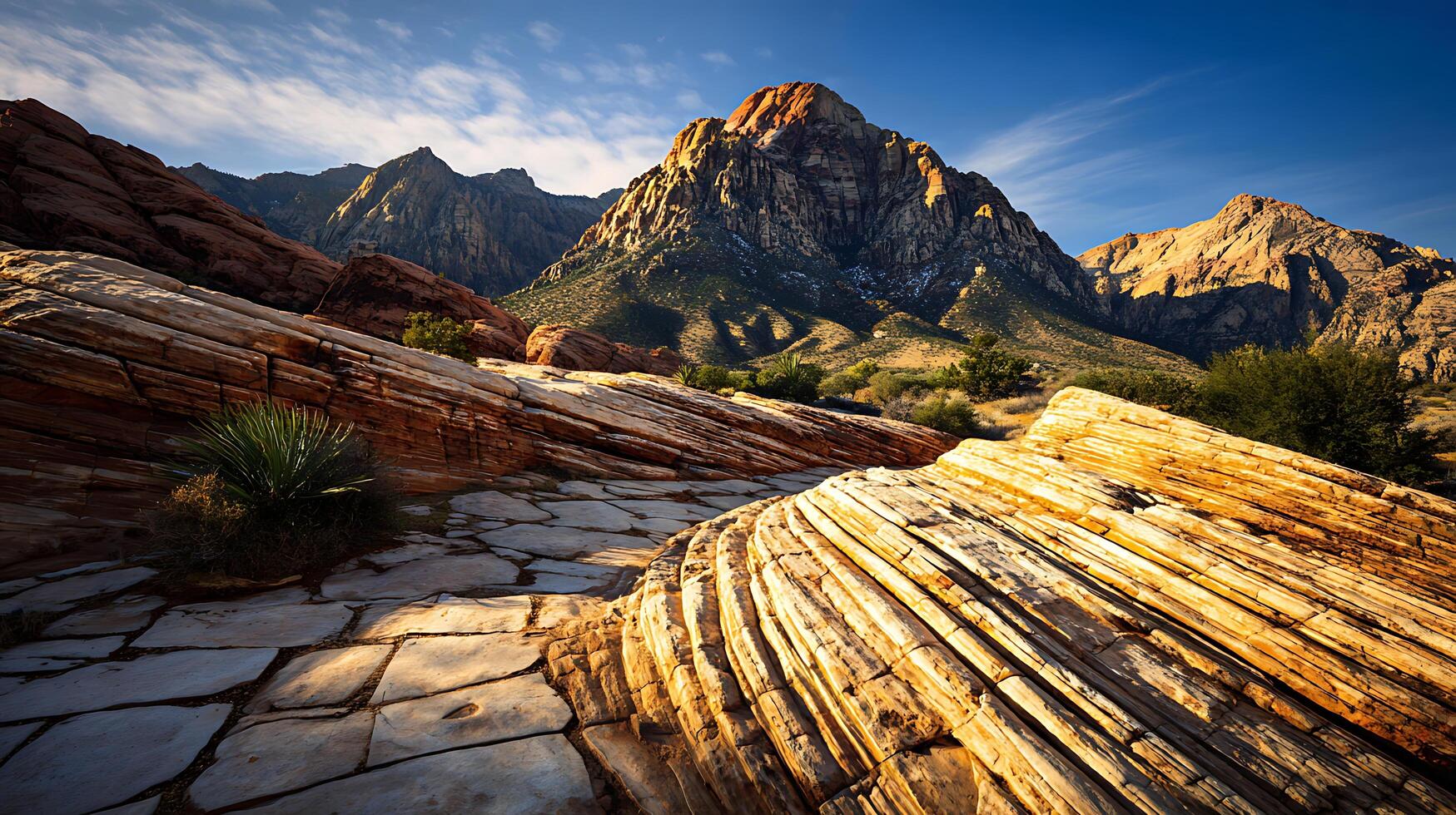 Majestic mountain landscape with layered rock formations at sunrise. photo