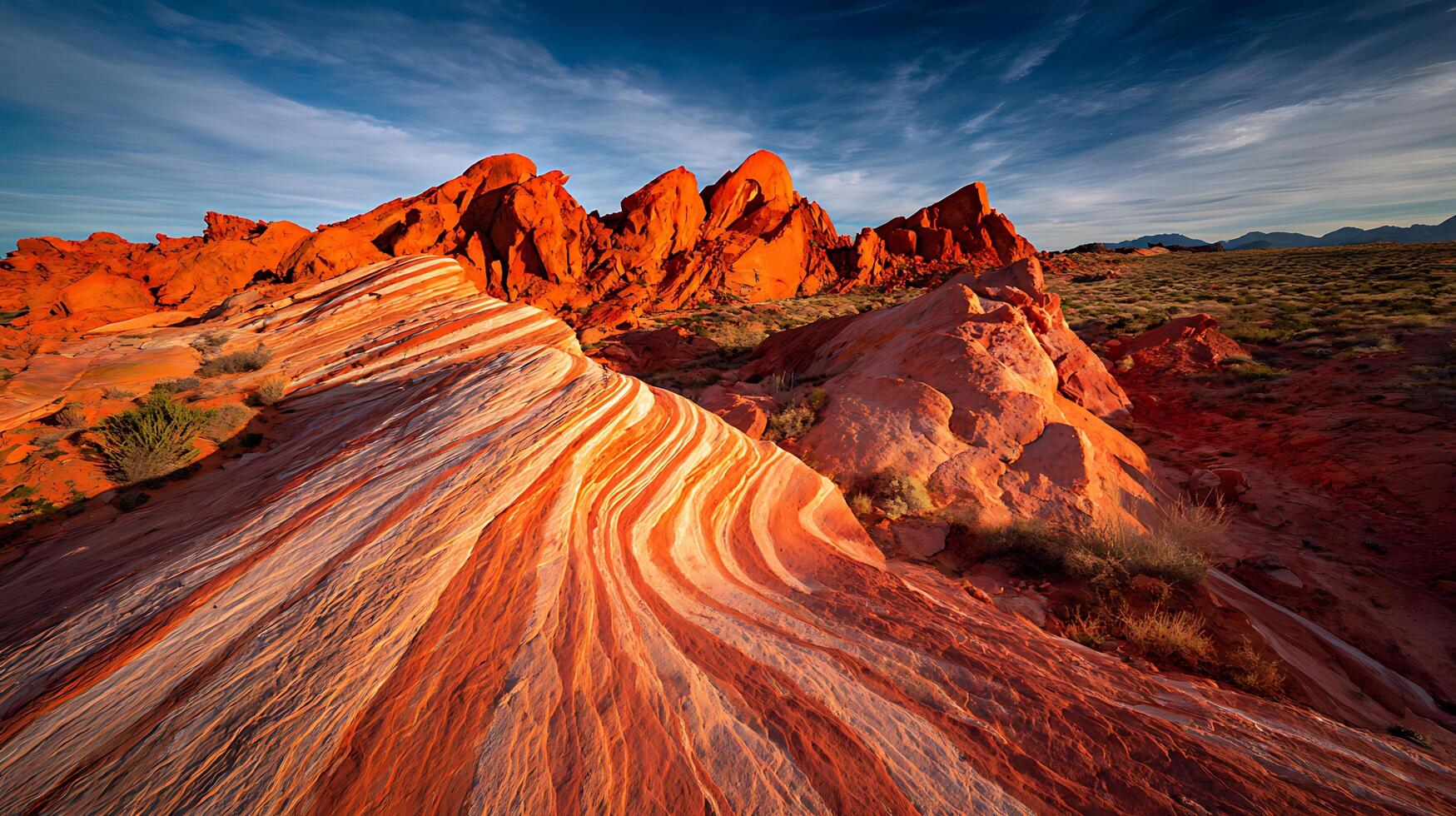 Fiery rock formations glow at sunset under a dramatic sky. photo