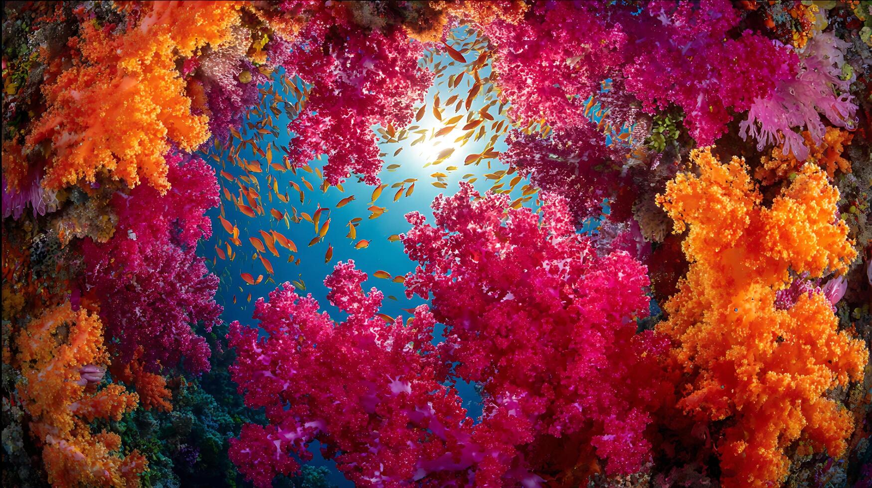 Vibrant Coral Reef Teeming with Colorful Fish Under Sunny Ocean Surface. photo