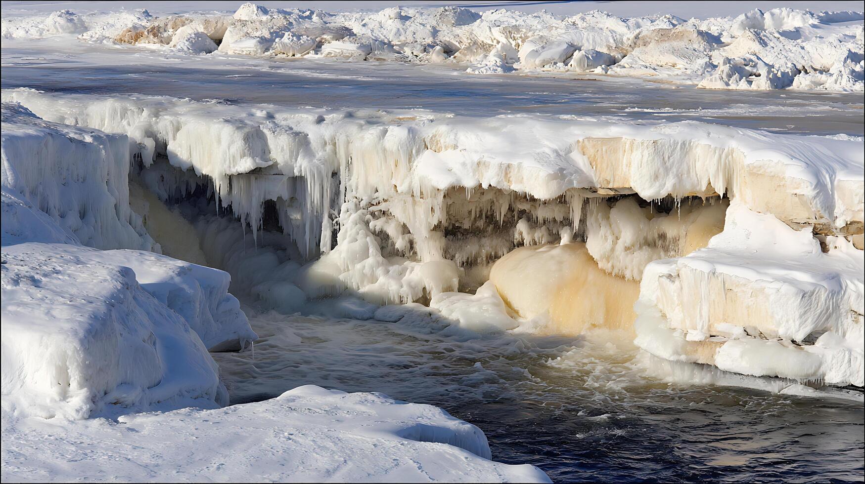 Majestic Winter Waterfall Frozen in Time with Flowing Water Below. photo