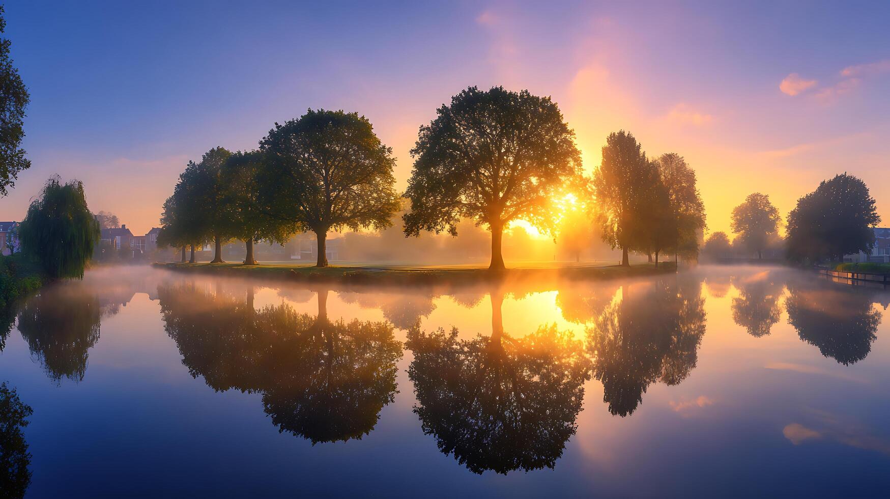 Golden Sunrise Over Misty Lake Reflecting Trees and Sky. photo