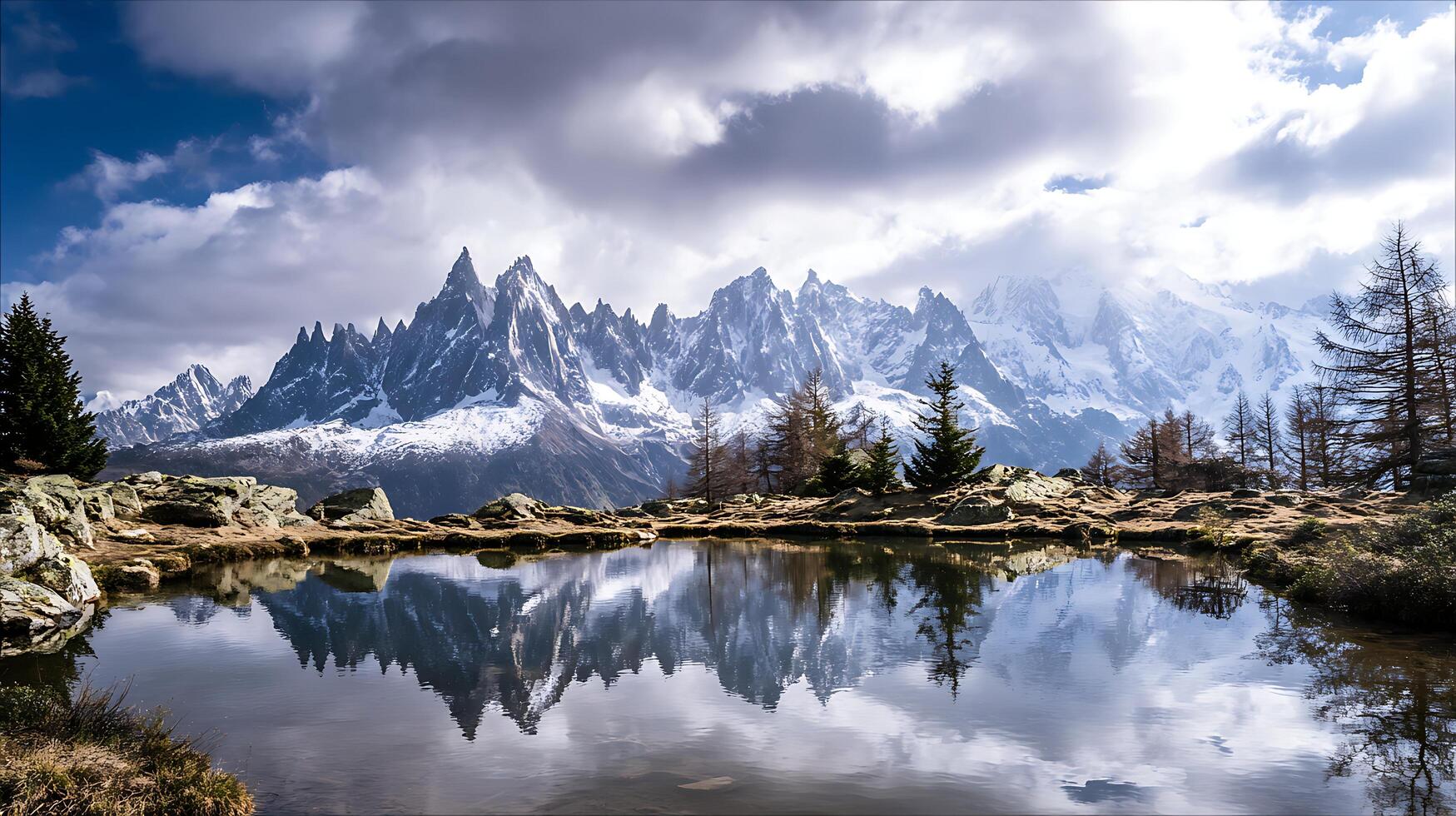 Majestic Mountain Peaks Reflected in a Tranquil Alpine Lake. photo