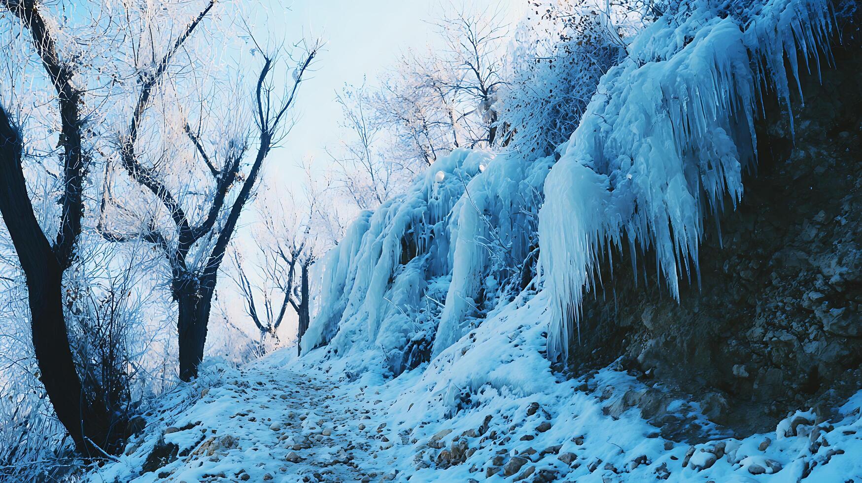 Frozen Icicle Waterfall Overgrown Rocky Path in Winter Forest. photo