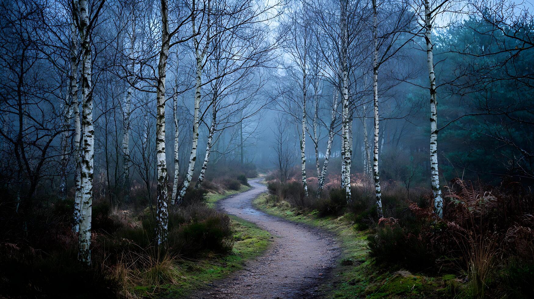 A Misty Morning Path Through Birch Trees in an Enchanted Forest. photo