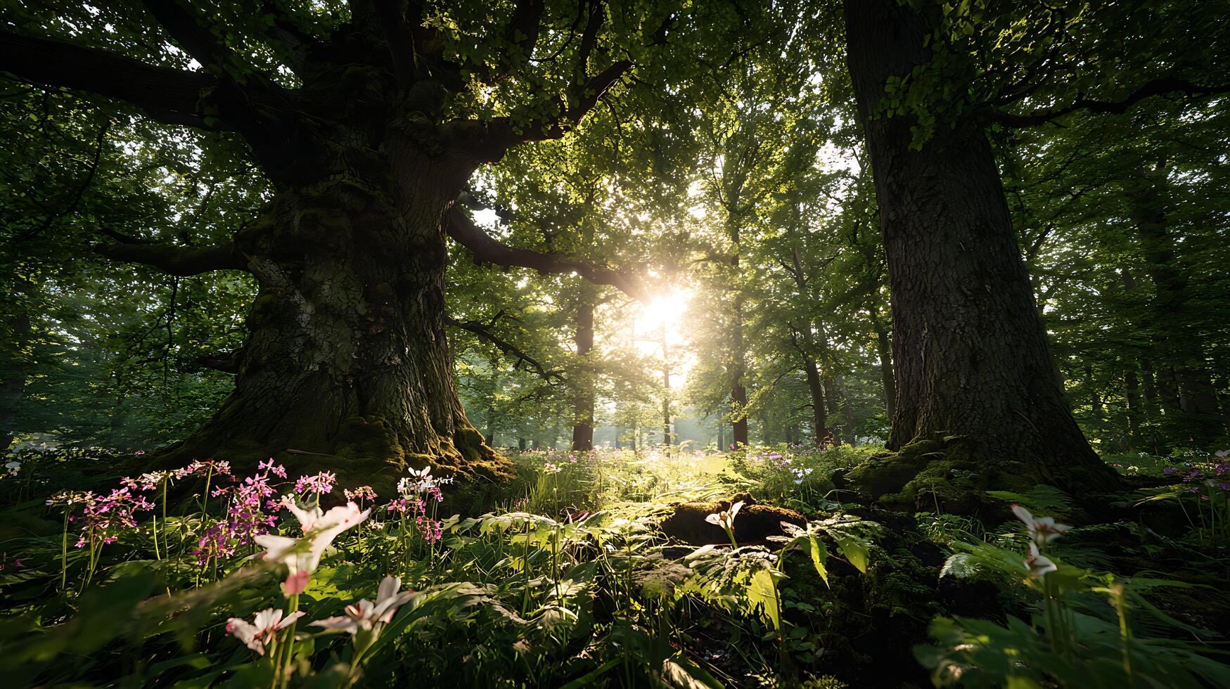 Sunbeams pierce ancient forest, illuminating delicate wildflowers and mossy trees. photo