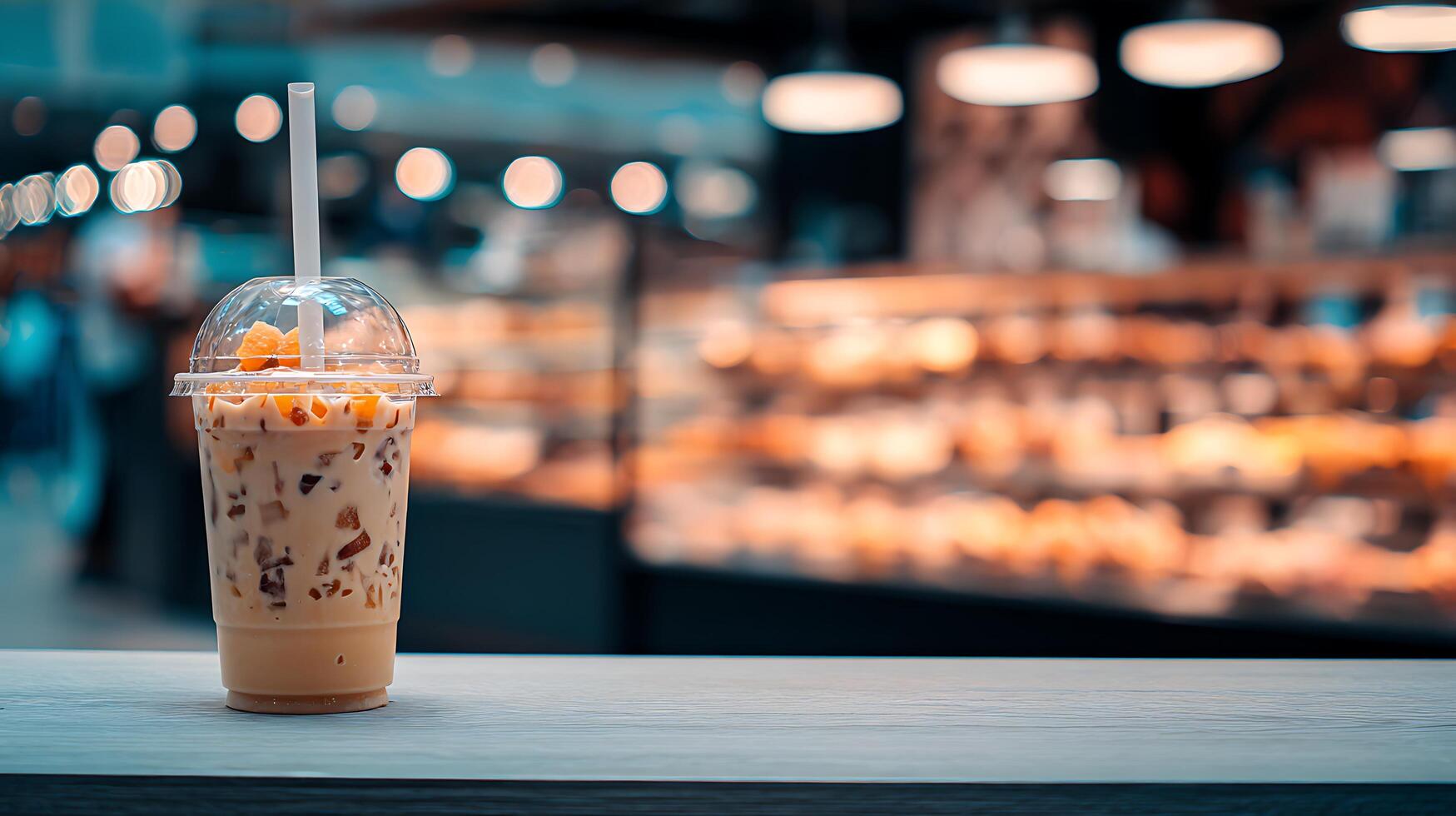 Refreshing Cold Drink in a Plastic Cup on a Table photo